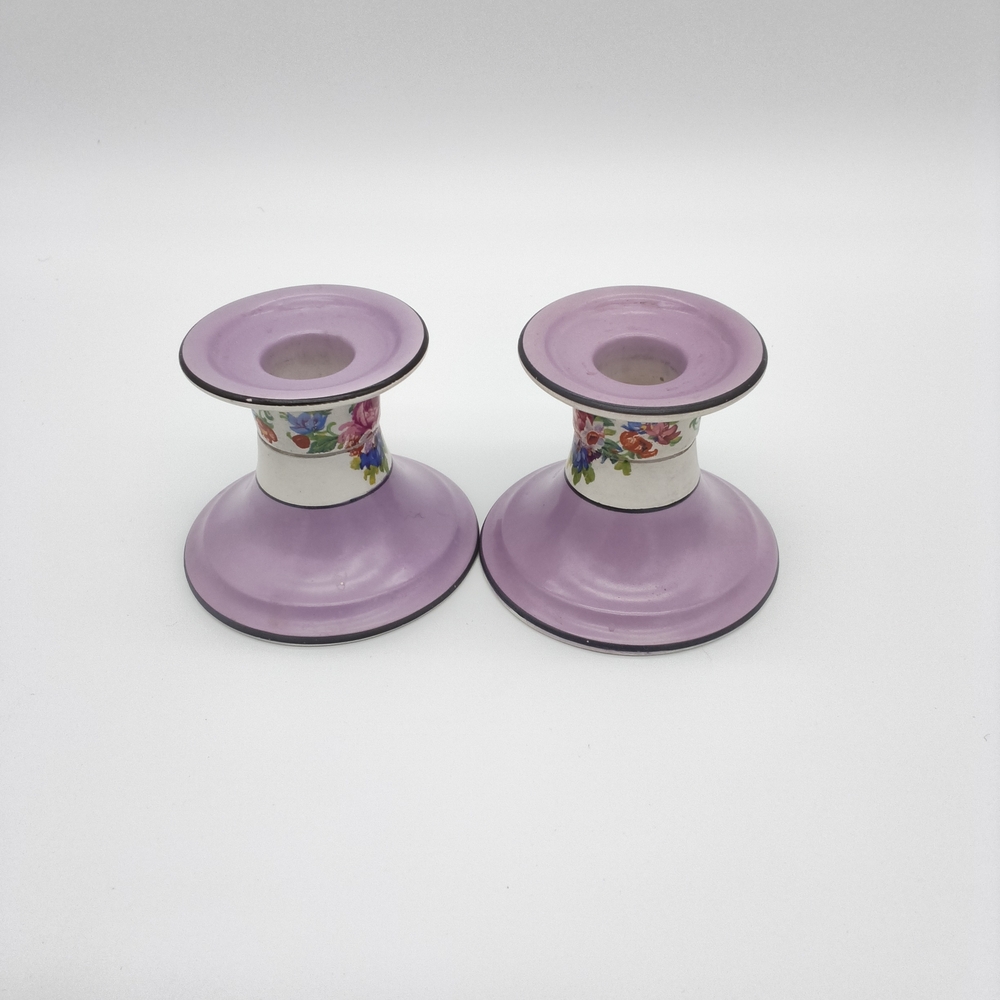 Pair of Vintage Lavender Purple Porcelain Candlestick Holders Hand Painted